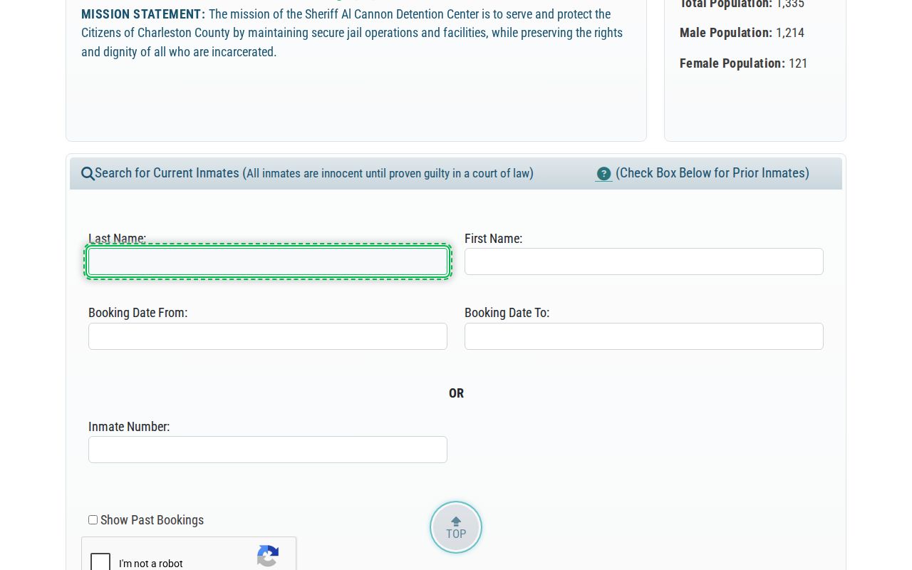 Charleston County arrest lookup and past booking search fields