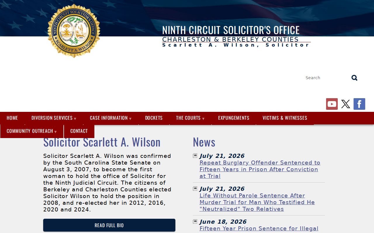 Ninth Circuit Solicitor official site for Charleston County criminal cases