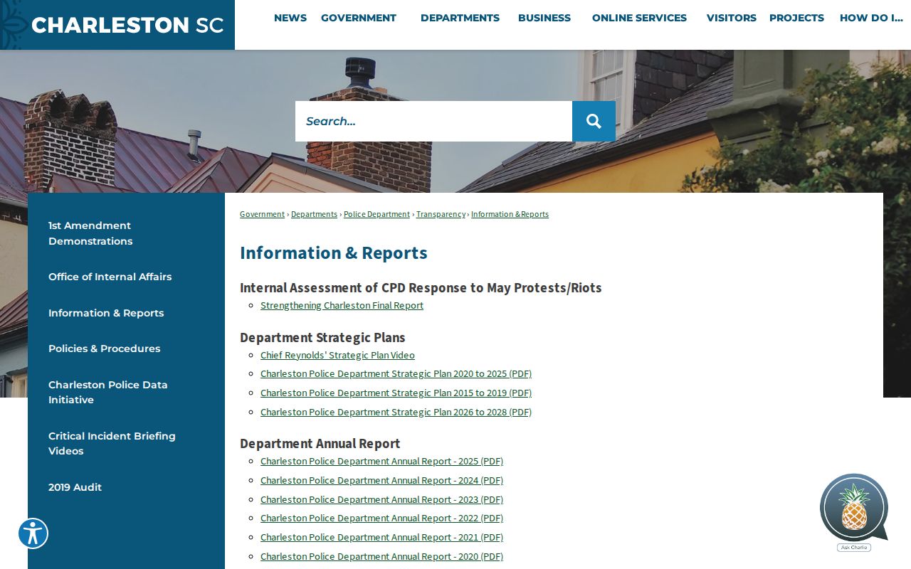 Charleston Police information reports page supporting local record research