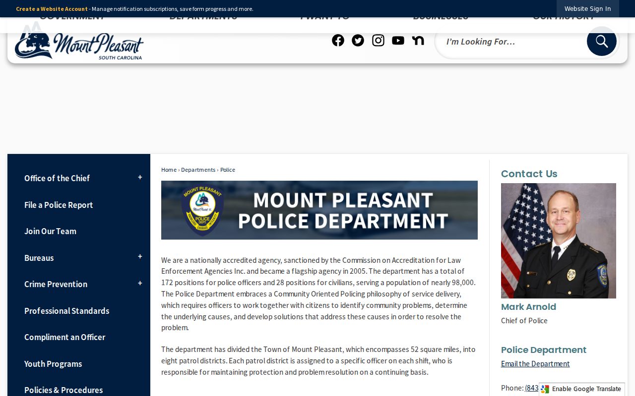 Mount Pleasant Police Department official page for town records