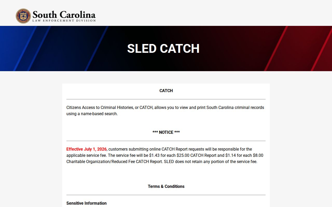 SLED CATCH criminal history search entry for Charleston County records