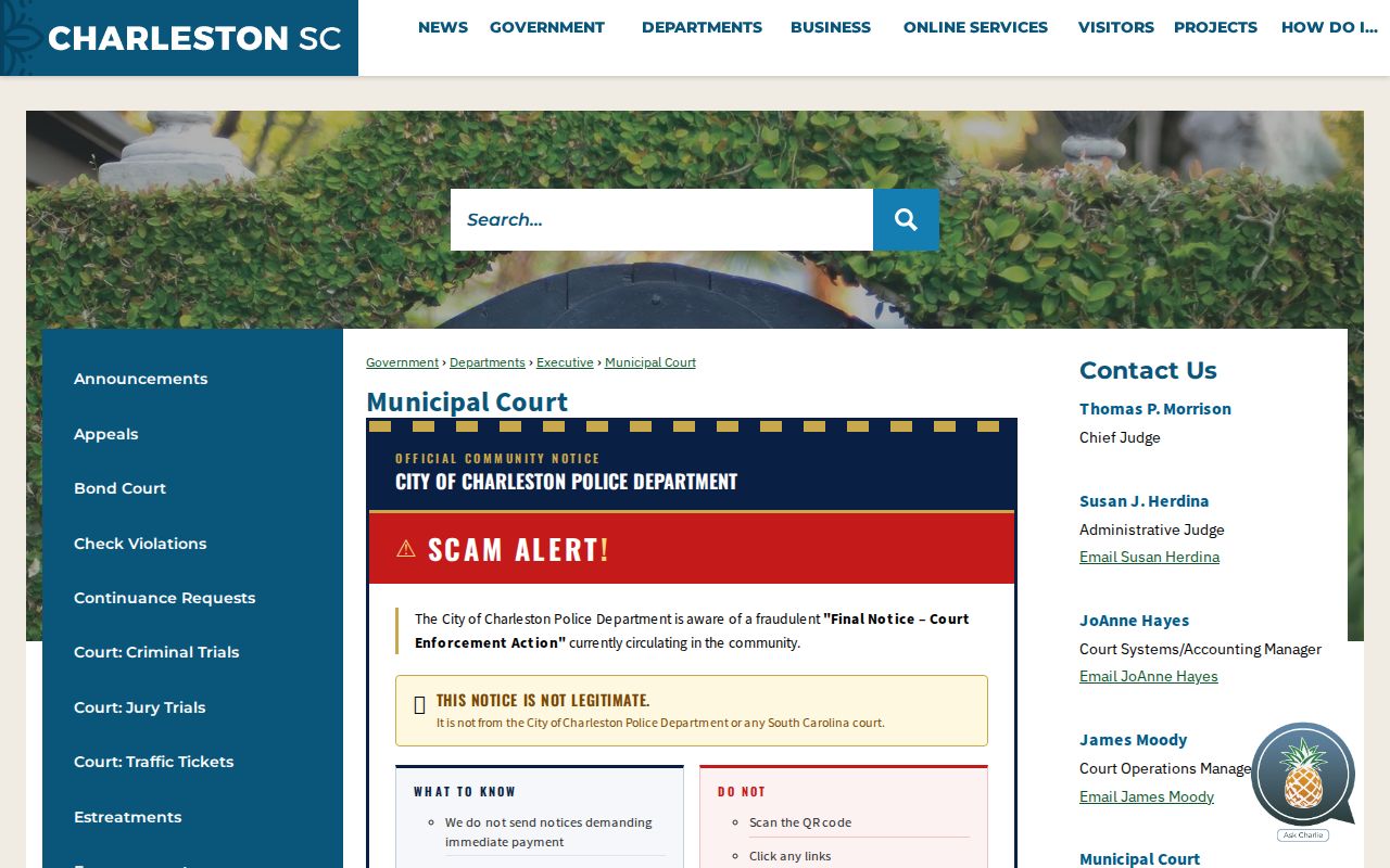 Charleston Municipal Court official schedule and contact page
