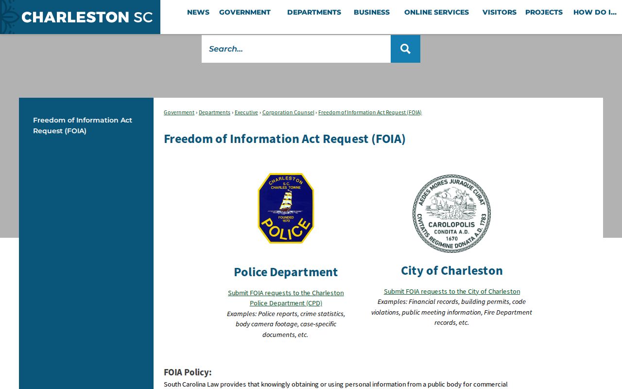Charleston Police FOIA request page for city criminal records