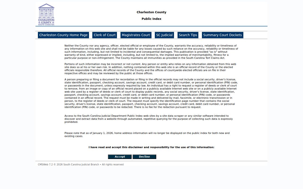 Charleston County criminal court cases Public Index search interface