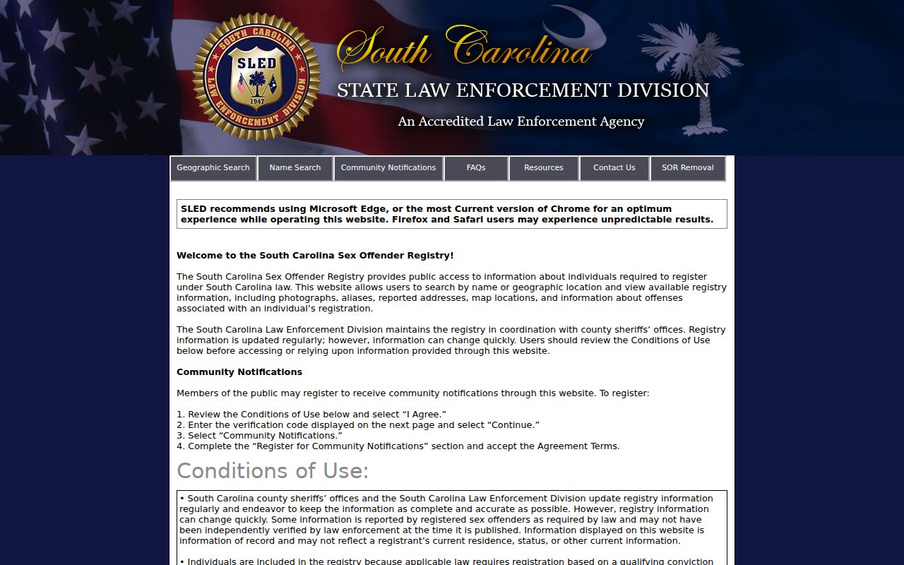 Charleston County sex offender search conditions on SLED SORT